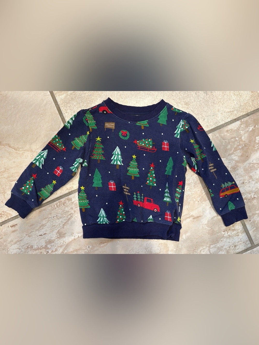 Little Sleepies Navy Sweatshirt with Green Trees and Red Trucks